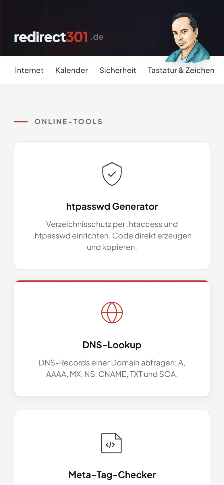Startseite redirect301.de auf dem Smartphone